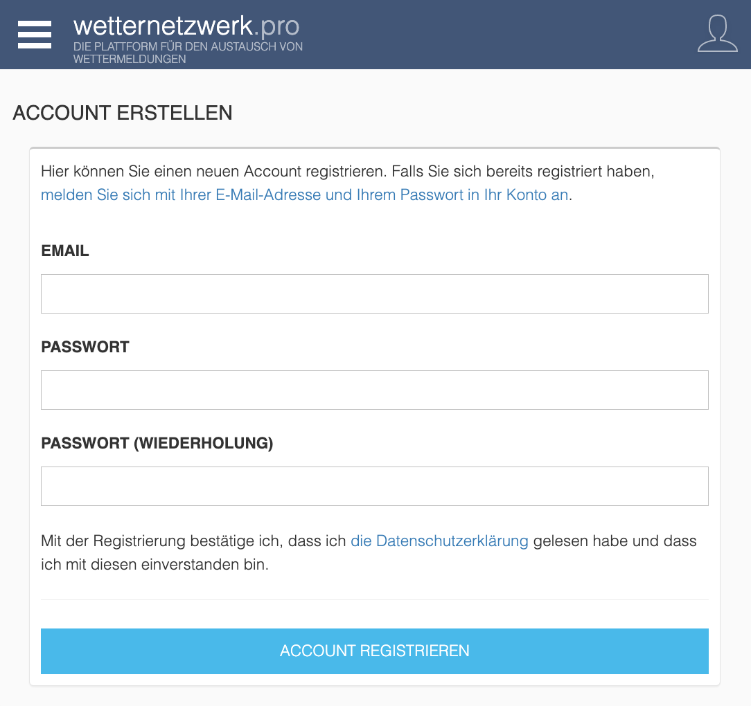 Account registrieren - Screenshot Webseite